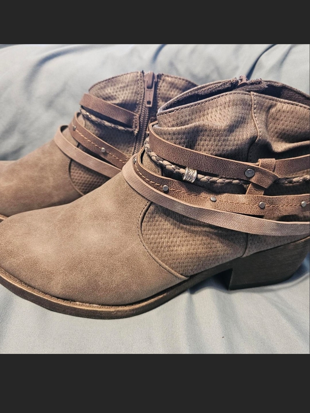 Taupe Braided-Strap Ankle Booties